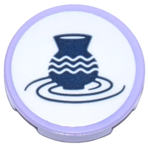 Tile, Round 2 x 2 with Bottom Stud Holder with Ceramic Studio Plaque with Dark Blue Vase and Rotating Spirals on White Background Pattern (Sticker) - Set 42670