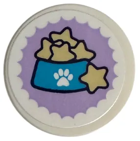 Tile, Round 2 x 2 with Bottom Stud Holder with Medium Azure Pet Bowl and Tan Stars on Medium Lavender Scalloped Circle Pattern (Sticker) - Set 41718