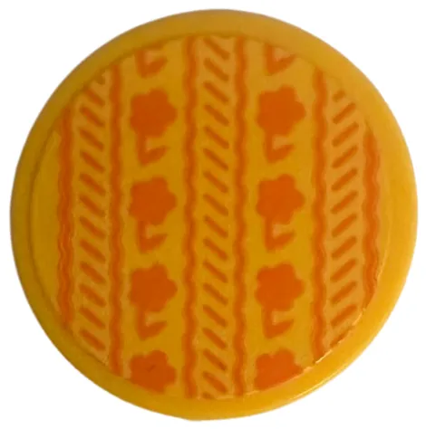 Tile, Round 2 x 2 with Bottom Stud Holder with Cushion with Orange Flowers and Scalloped Lines Pattern (Sticker) - Set 76781
