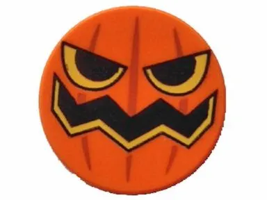 Tile, Round 2 x 2 with Bottom Stud Holder with Pumpkin Jack O' Lantern Pattern