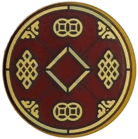 Tile, Round 2 x 2 with Bottom Stud Holder with Gold Square, Ornaments, Diamond Lattices and Broken Circle Border with Black Outlines on Dark Red Background Pattern