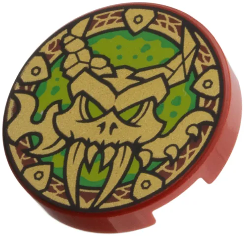Tile, Round 2 x 2 with Bottom Stud Holder with Gold Dragon Skull, Lime and Bright Green Background Pattern