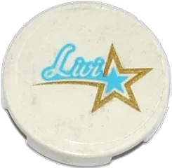 Tile, Round 2 x 2 with Bottom Stud Holder with 'Livi' and Gold and Medium Azure Star Pattern (Sticker) - Set 41105