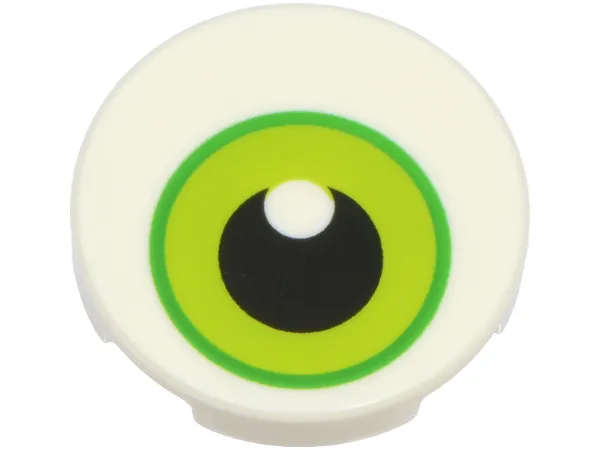 Tile, Round 2 x 2 with Bottom Stud Holder with Lime and Bright Green Eye with Black Pupil and Glint Pattern