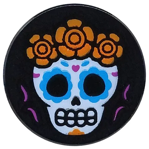 Tile, Round 2 x 2 with Bottom Stud Holder with White Skull with Dark Azure Eyes, Orange Flowers Pattern