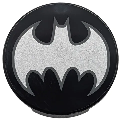 Tile, Round 2 x 2 with Bottom Stud Holder with Silver Bat Batman Logo with Dark Bluish Gray Outline Pattern