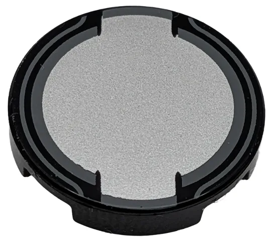Tile, Round 2 x 2 with Bottom Stud Holder with Silver Fuel Filler Cap with Dark Bluish Gray Edges Pattern