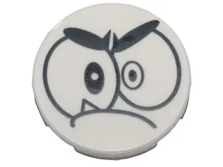 Tile, Round 2 x 2 with Bottom Stud Holder with Black Large Eyes, Eyebrows and Closed Mouth with One Sharp Tooth (Nixel Face) Pattern