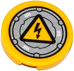 Tile, Round 2 x 2 with Bottom Stud Holder with Electricity Danger Sign on Silver Circular Hatch Pattern (Sticker) - Set 70173