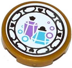 Tile, Round 2 x 2 with Bottom Stud Holder with 2 Perfume Bottles on White Background in Silver Geometric Frame Pattern (Sticker) - Set 41140