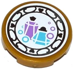 Tile, Round 2 x 2 with Bottom Stud Holder with 2 Perfume Bottles on White Background in Silver Geometric Frame Pattern (Sticker) - Set 41140