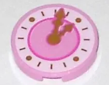 Tile, Round 2 x 2 with Bottom Stud Holder with Dark Pink Clock with Gold Hands Pattern