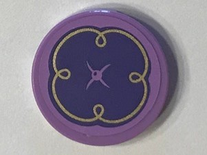 Tile, Round 2 x 2 with Bottom Stud Holder with Purple Cushion with Button and Gold Swirls on Medium Lavender Background Pattern (Sticker) - Set 41101