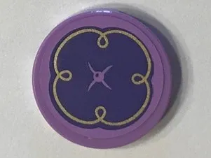 Tile, Round 2 x 2 with Bottom Stud Holder with Purple Cushion with Button and Gold Swirls on Medium Lavender Background Pattern (Sticker) - Set 41101