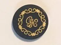 Tile, Round 2 x 2 with Bottom Stud Holder with Cushion with Gold 'GH', Hearts and Swirls on Transparent Background Pattern (Sticker) - Set 41101