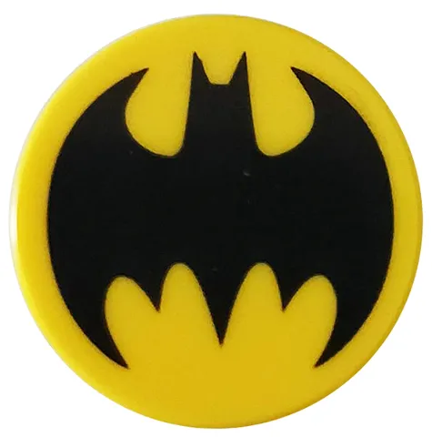 Tile, Round 2 x 2 with Bottom Stud Holder with Black Bat Batman Logo Pattern