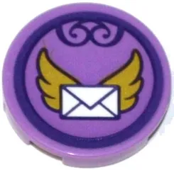 Tile, Round 2 x 2 with Bottom Stud Holder with Envelope with Gold Wings in Dark Purple Circle Pattern (Sticker) - Set 41176