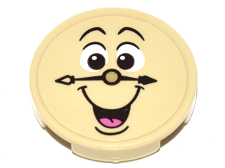 Tile, Round 2 x 2 with Bottom Stud Holder with Laughing Tan Clock Face, Gold Nose, Black Hands, Open Mouth with Dark Pink Tongue Pattern (Cogsworth) (Sticker) - Set 41067