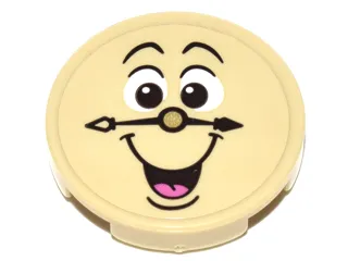 Tile, Round 2 x 2 with Bottom Stud Holder with Laughing Tan Clock Face, Gold Nose, Black Hands, Open Mouth with Dark Pink Tongue Pattern (Cogsworth) (Sticker) - Set 41067