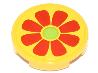 Tile, Round 2 x 2 with Bottom Stud Holder with Flower with Red Petals and Lime Center Pattern (Sticker) - Set 76035
