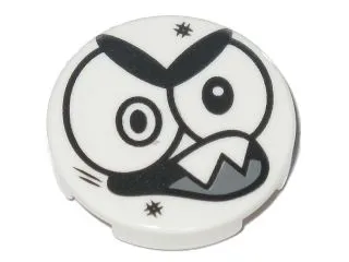 Tile, Round 2 x 2 with Bottom Stud Holder with Black Large Eyes, Eyebrows, Open Mouth with 2 Sharp Teeth (Nixel Face) Pattern