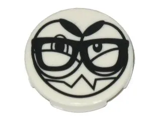 Tile, Round 2 x 2 with Bottom Stud Holder with Black Large Eyes, Eyebrows, Sharp Teeth and Glasses (Nixel Face) Pattern