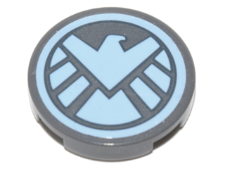 Tile, Round 2 x 2 with Bottom Stud Holder with Bright Light Blue SHIELD Eagle Logo on Dark Bluish Gray Background Pattern (Sticker) - Set 76042