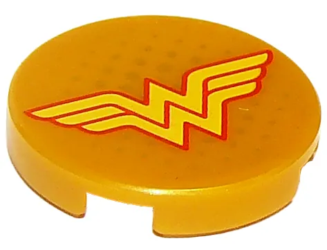 Tile, Round 2 x 2 with Bottom Stud Holder with Yellow Letter 'W' with Red Outline Wonder Woman Logo and Gold Dots Pattern