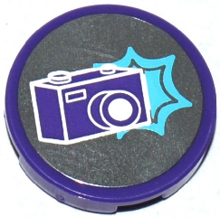 Tile, Round 2 x 2 with Bottom Stud Holder with Dark Purple Camera and Medium Azure Star Pattern (Sticker) - Set 41129