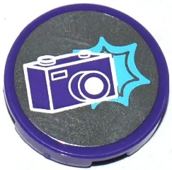 Tile, Round 2 x 2 with Bottom Stud Holder with Dark Purple Camera and Medium Azure Star Pattern (Sticker) - Set 41129