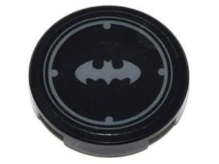 Tile, Round 2 x 2 with Bottom Stud Holder with Silver Batman Logo with Circles Border Pattern (Sticker) - Set 70905