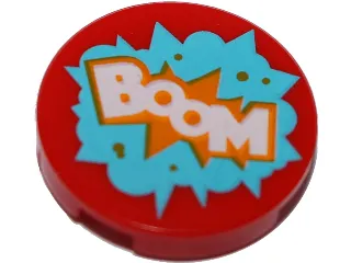 Tile, Round 2 x 2 with Bottom Stud Holder with 'BOOM' in Medium Azure Starburst Explosion Pattern