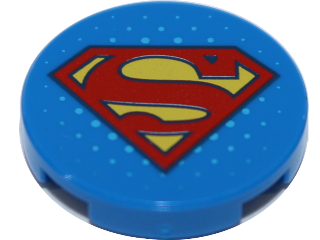 Tile, Round 2 x 2 with Bottom Stud Holder with Red and Yellow Superman 'S' Logo Pattern
