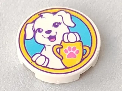 Tile, Round 2 x 2 with Bottom Stud Holder with Puppy Dog, Yellow Trophy with Dark Pink Paw Print on Medium Azure Background Pattern