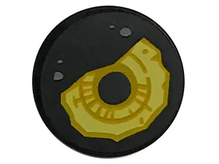 Tile, Round 2 x 2 with Bottom Stud Holder with Yellow Eye with Detailed Iris, Black Pupil and Eyelid with Dark Bluish Gray Spots Pattern