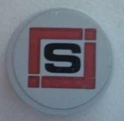 Tile, Round 2 x 2 with Bottom Stud Holder with Black 'S' in Dark Red Square Pattern (Sticker) - Set 79116