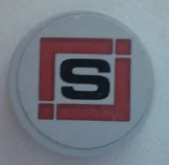Tile, Round 2 x 2 with Bottom Stud Holder with Black 'S' in Dark Red Square Pattern (Sticker) - Set 79116