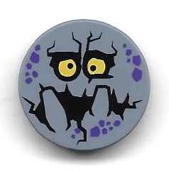 Tile, Round 2 x 2 with Bottom Stud Holder with Purple Rock Spots, Yellow Eyes with Pupils, Black Mouth, Big Teeth (Bouldron) Pattern