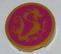 Tile, Round 2 x 2 with Bottom Stud Holder with Pearl Gold Dragon on Magenta Background Pattern