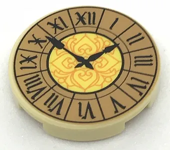 Tile, Round 2 x 2 with Bottom Stud Holder with Clock with Roman Numerals Ornate Pattern