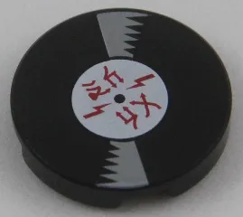 Tile, Round 2 x 2 with Bottom Stud Holder with Vinyl Record with Red Ninjago Logogram 'AC DC' Pattern