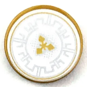 Tile, Round 2 x 2 with Bottom Stud Holder with Silver Crenelations and Gold Throwing Star Pattern