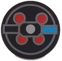 Tile, Round 2 x 2 with Bottom Stud Holder with Dark Azure Rectangle, Red Circles and Silver Lines Pattern (BrickHeadz Peter Venkman Proton Pack)