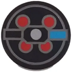 Tile, Round 2 x 2 with Bottom Stud Holder with Dark Azure Rectangle, Red Circles and Silver Lines Pattern (BrickHeadz Peter Venkman Proton Pack)