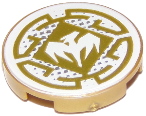 Tile, Round 2 x 2 with Bottom Stud Holder with White Dragon and Gold Decorative Lines Pattern