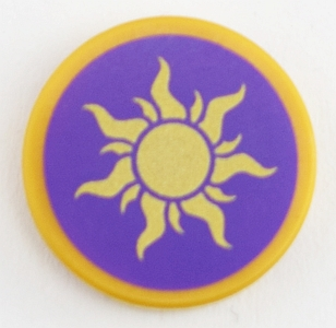 Tile, Round 2 x 2 with Bottom Stud Holder with Gold Sun on Dark Purple Background Pattern