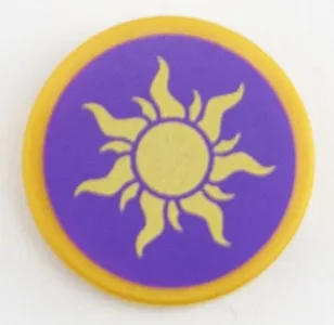 Tile, Round 2 x 2 with Bottom Stud Holder with Gold Sun on Dark Purple Background Pattern