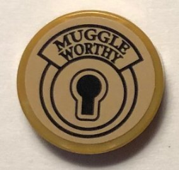 Tile, Round 2 x 2 with Bottom Stud Holder with Keyhole and 'MUGGLE WORTHY' Pattern (Sticker) - Set 75952