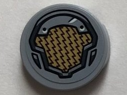 Tile, Round 2 x 2 with Bottom Stud Holder with Gold and Light Bluish Gray Panel Pattern (Sticker) - Set 76099