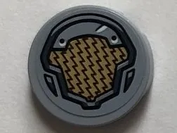 Tile, Round 2 x 2 with Bottom Stud Holder with Gold and Light Bluish Gray Panel Pattern (Sticker) - Set 76099